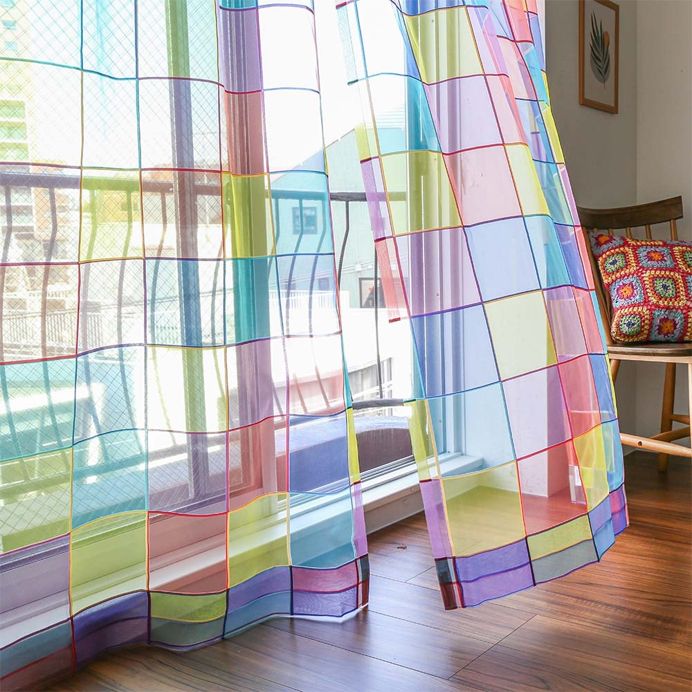 【当店独占販売】【最短・翌日出荷】レトロ レースカーテン まるでレトロ喫茶店のステンドグラスみたい！カラフルな幾何学デザインのオパールレース ＜ステンドグラスレース＞