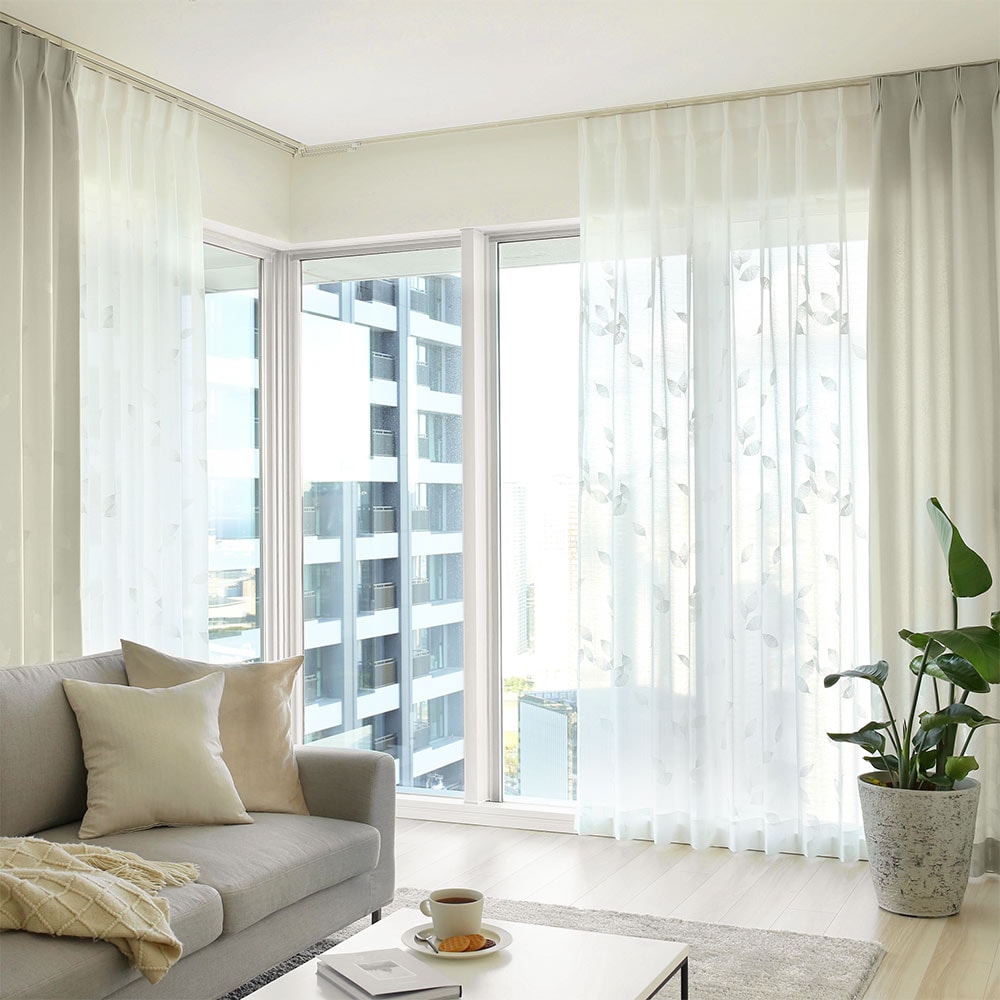  防炎レースカーテン リーフの刺繍が美しいナチュラルなレースカーテン ＜レース ペイザージュ＞
