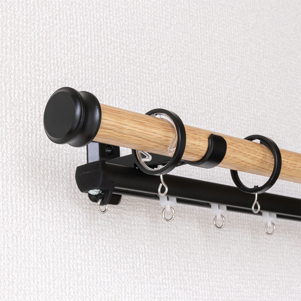 カーテンレール おしゃれカフェ風の木目×インダストリアルなポールタイプレール ＜ヴィンクス22 Aキャップ ダブル＞
