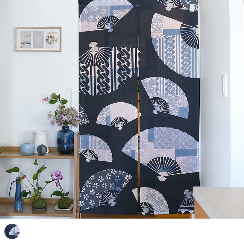 のれん ウォッシャブル  表と裏で違う柄を見せてくれる、Wプリント加工のこだわりのれん ＜扇子パッチワーク＞