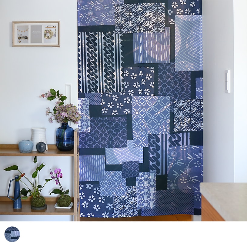 のれん ウォッシャブル  表と裏で違う柄を見せてくれる、Wプリント加工のこだわりのれん ＜番傘パッチワーク＞