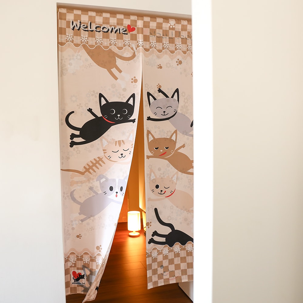 のれん ウォッシャブル  表と裏で違う柄を見せてくれる、Wプリント加工のこだわりのれん ＜welcome cats＞04
