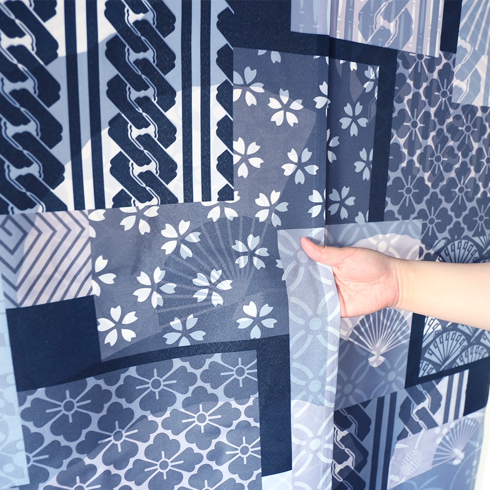 のれん ウォッシャブル  表と裏で違う柄を見せてくれる、Wプリント加工のこだわりのれん ＜扇子パッチワーク＞03