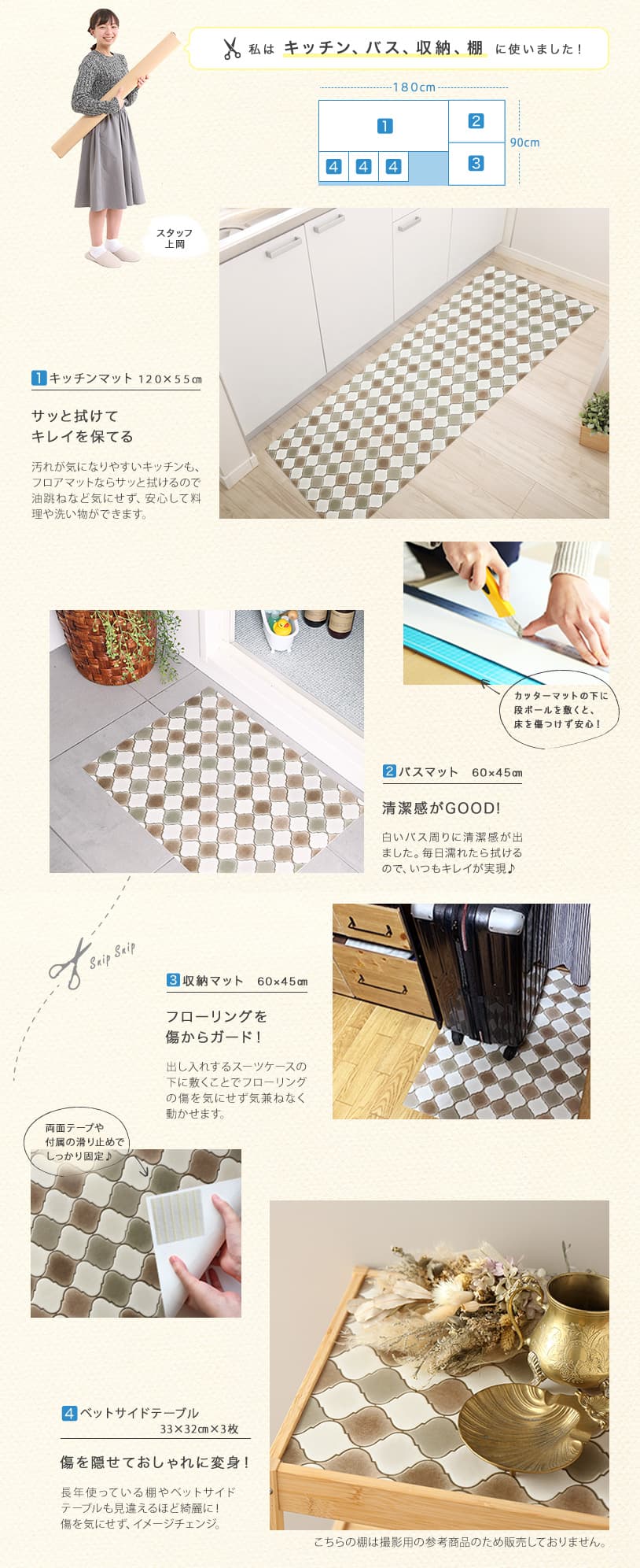 女性スタッフのキッチン、お風呂、収納スペース、棚での使用例