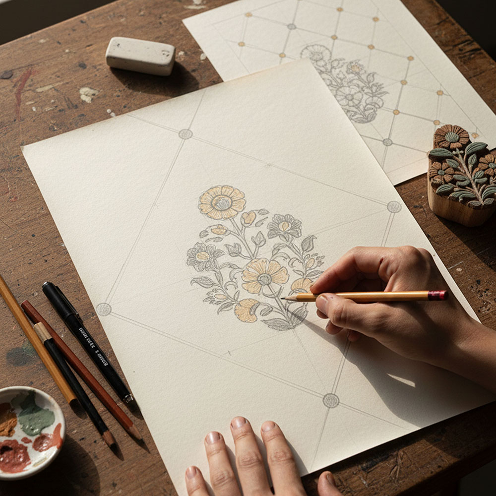 デザインストーリー<br>美しい王立庭園を描いた、ハンドブロックプリント風デザイン