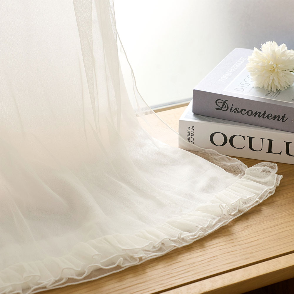 レースカーテン ふわとろタッチの生地×愛らしいフリルチュール！可愛すぎる一体型カーテン ＜メローフリル ホワイト＞